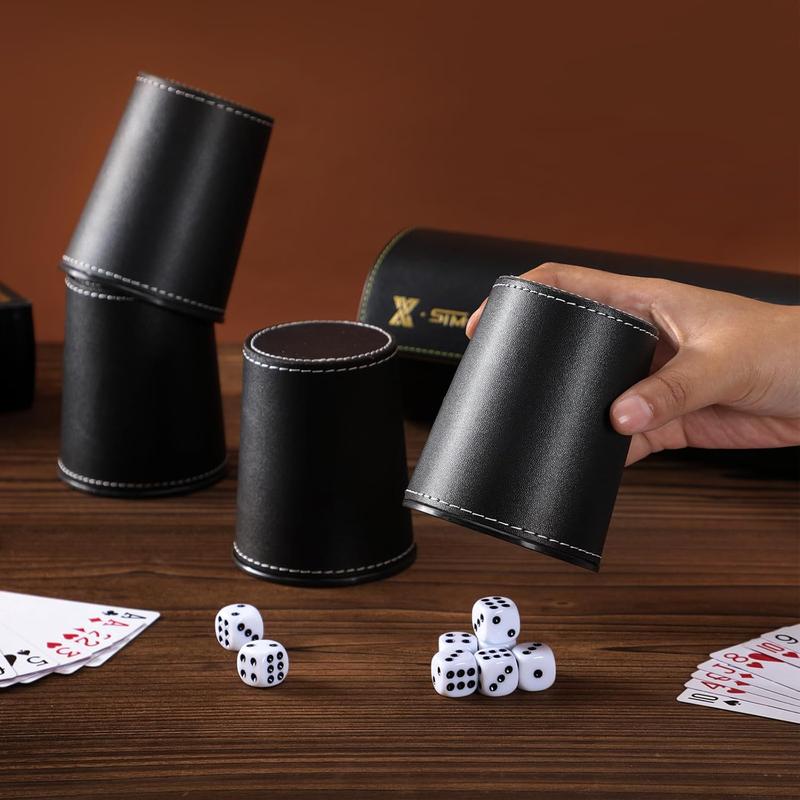 Leather Dice Cup Set, 5 Black Leather Dice Cups + 25 Dice + Exclusive Storage and Transport Case Made of Faux Leather with Magnetic Closure..