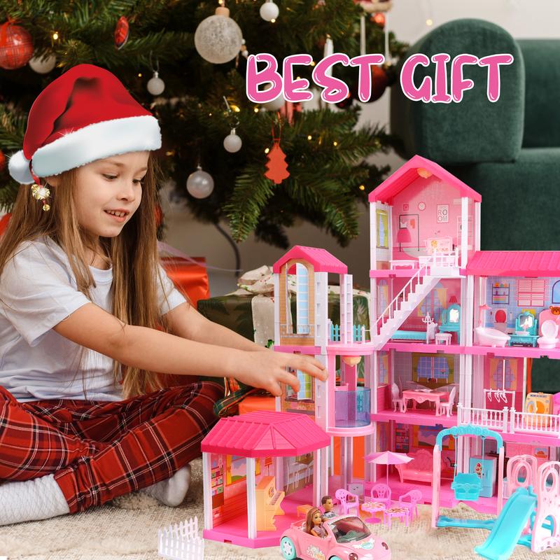 Huge Dollhouse With Elevator And Light,Doll Toy Figures Playhouse With 359 PCS,Christmas Birthday Gifts ,Pink