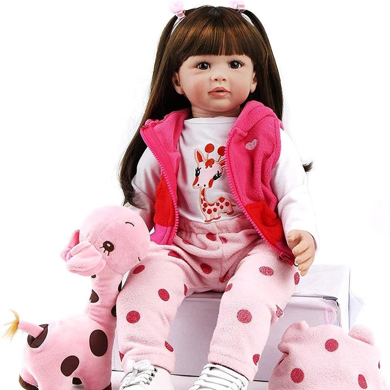 24 Inches Rebirth Girl Doll, Christmas Long Hair Brown Eyes Cute Doll Collection Cute Doll Comes with Pacifier, Bottle, Exquisite Gift Box Packaging, Realistic Baby Dolls, Fall, Thanksgiving Christmas Gift Set