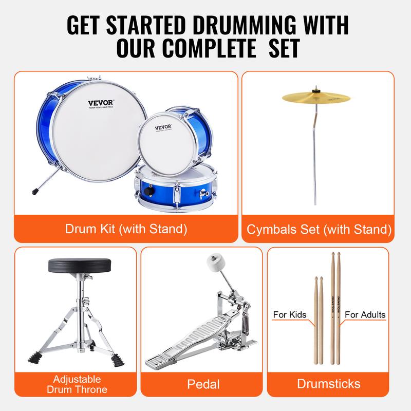 VEVOR Kids Drum Set, 3-Piece, 14 in Beginner Drum Set with Adjustable Throne Cymbal Pedal Two Pairs of Drumsticks, 8'' Tom Drum 10'' Snare Drum 14'' Bass Drum, Starter Drum Kit for Child Kids, Blue