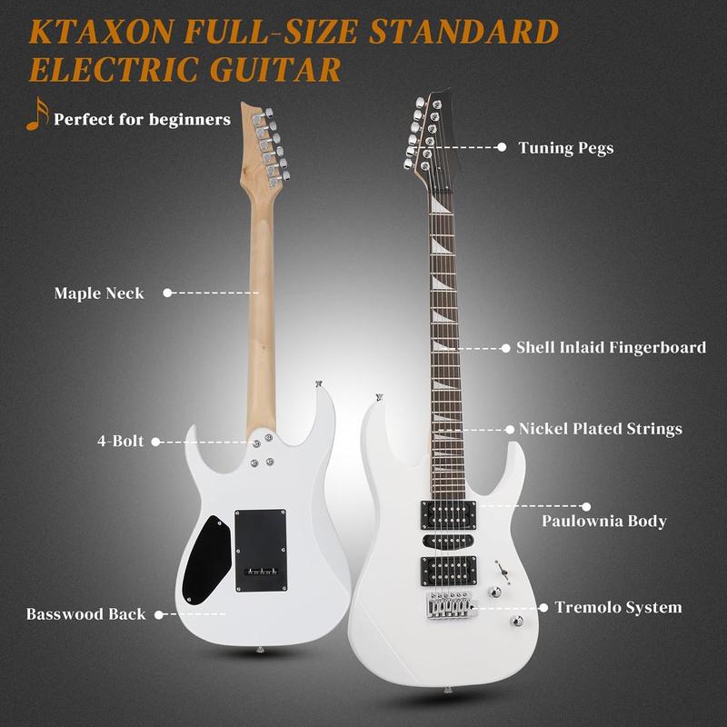 Ktaxon Full-Size Electric Guitar, Solid Body HSH Pickups 170 Guitar Beginner Kit with 20W Electric Guitar AMP, Gig Bag, Shoulder Strap, Tremolo Arm, Cable, Picks All Accessories (White)