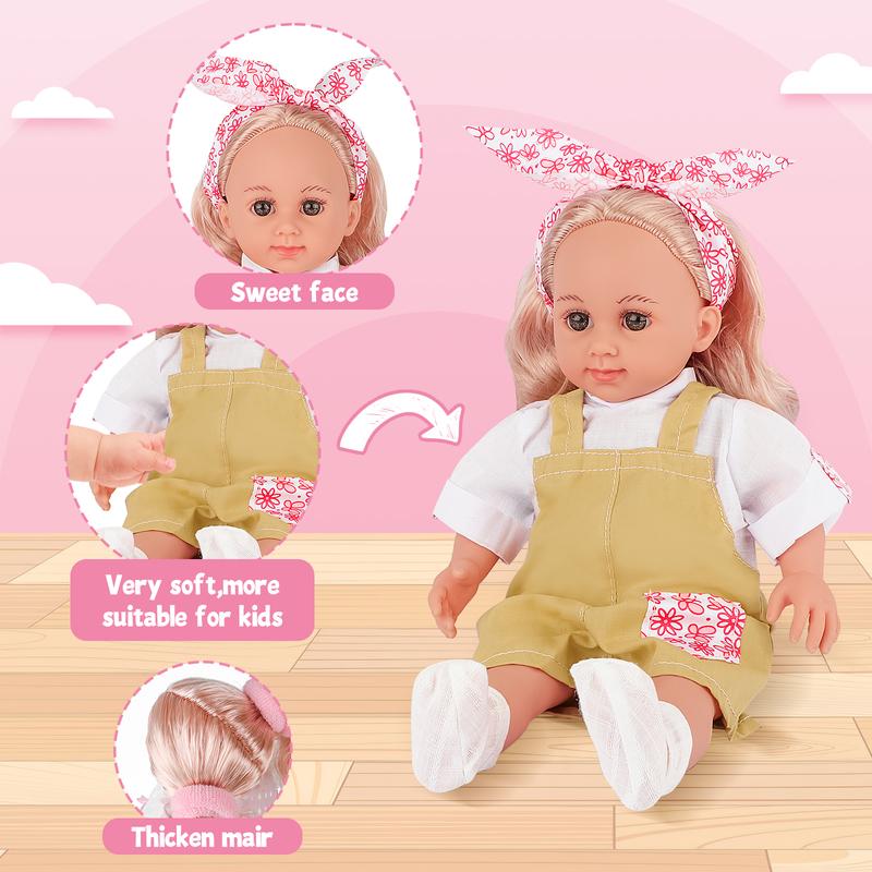 deAO Soft Doll with Clothes 3 types of outfits, perfect doll playset, with glasses and hair brush accessories, Doll with Accessories gift