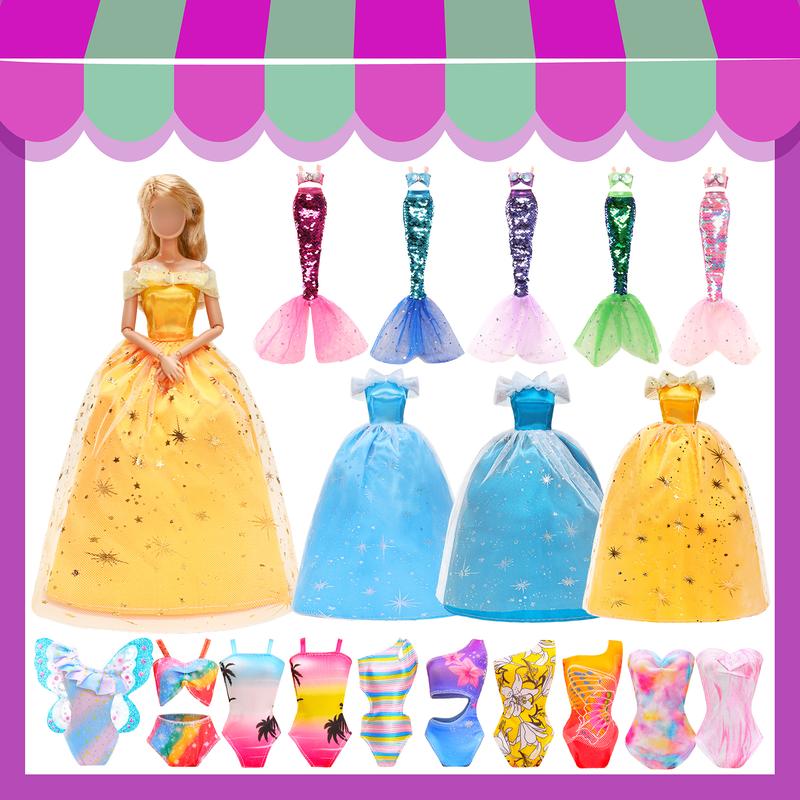 BARWA 59 PCS Girl Doll Clothes and Accessories for 11.5 Inch Doll Butterfly Swimsuit Bikini Wings Mermaid Tail Outfit Wedding Dress Fashion Top and Pants 40 Accessories 10 Pairs of High Heels Shoes