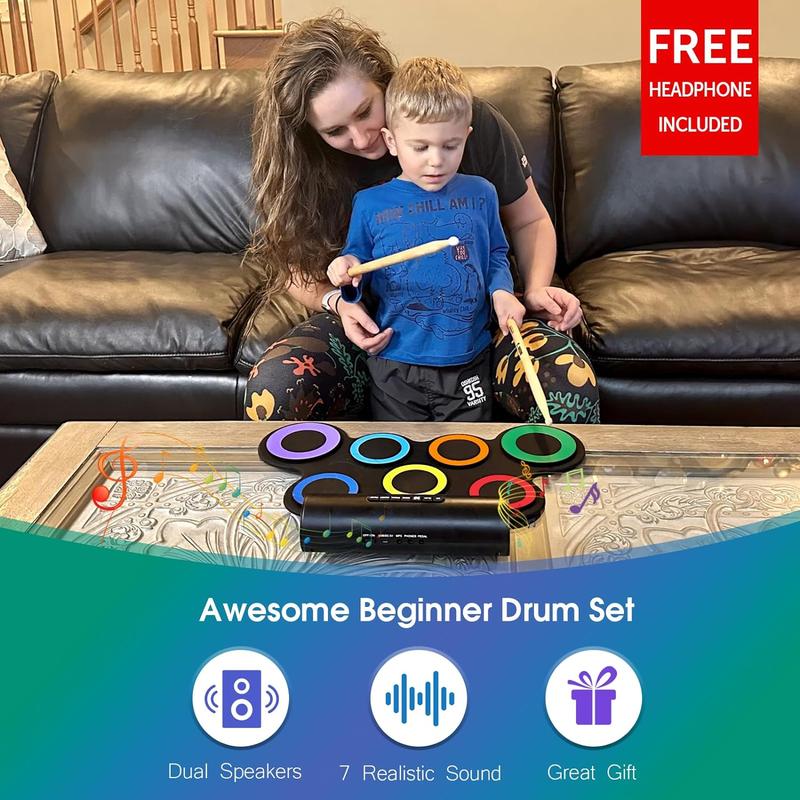 「Black Friday」Electronic Drum Set, Christmas Gifts, Roll-Up Drum Practice Pad Drum Kit 10 Hours Playtime