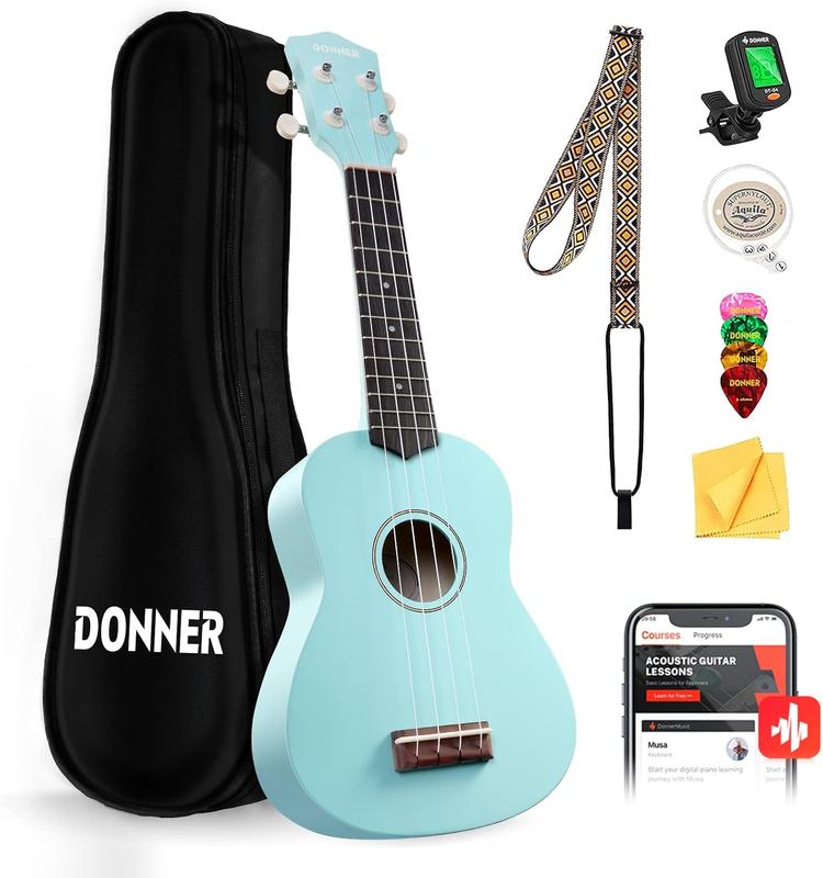 Donner Soprano Ukulele for Beginner 21 Inch Matte Ukulele Beginner Kit with Bag Strap Tuner Strings Picks Cloth, Free Online Lessons, Holiday Christmas & Birthday Gift (Cyan Blue)