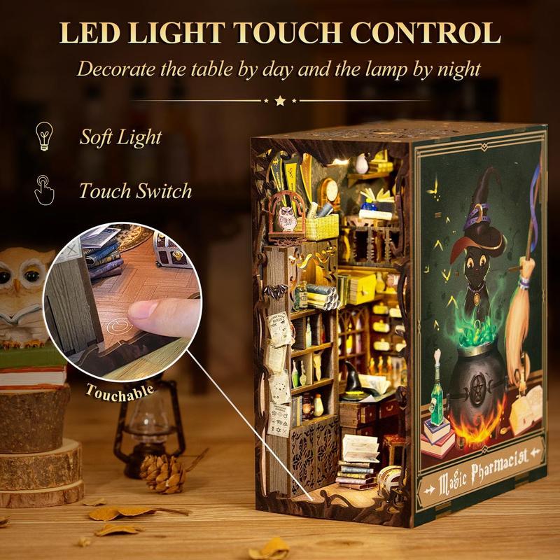 CUTBEE Book Nook Dollhouse DIY Kit with Dust Proof, Crucible, Potion Bottle, Secret Room, Black Cat, Magic Book, Broom, LED Light, Wood DIY Package, Perfect Gift for DIY Enthusiasts and Magic Lovers