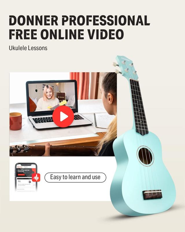 Donner Soprano Ukulele for Beginner 21 Inch Matte Ukulele Beginner Kit with Bag Strap Tuner Strings Picks Cloth, Free Online Lessons, Holiday Christmas & Birthday Gift (Cyan Blue)