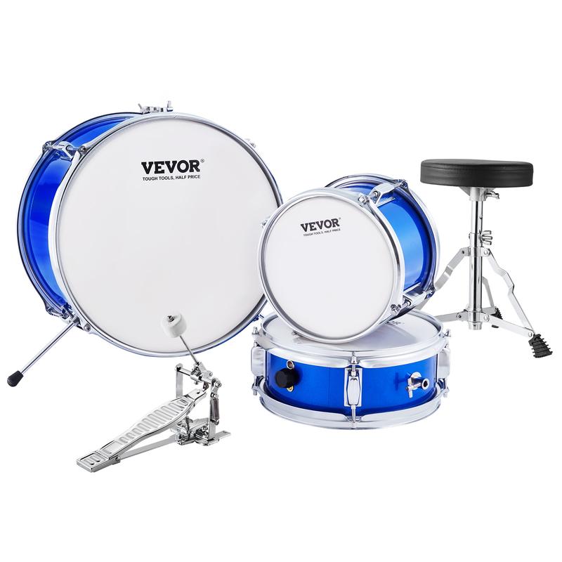 VEVOR Kids Drum Set, 3-Piece, 14 in Beginner Drum Set with Adjustable Throne Cymbal Pedal Two Pairs of Drumsticks, 8'' Tom Drum 10'' Snare Drum 14'' Bass Drum, Starter Drum Kit for Child Kids, Blue