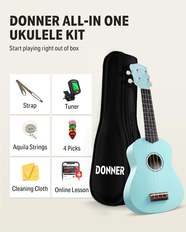 Donner Soprano Ukulele for Beginner 21 Inch Matte Ukulele Beginner Kit with Bag Strap Tuner Strings Picks Cloth, Free Online Lessons, Holiday Christmas & Birthday Gift (Cyan Blue)