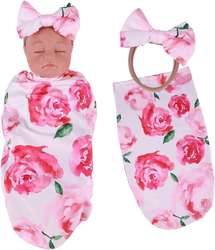 Reborn Baby Doll Blanket with Doll Headband for 17-22 Inch Babydolls, Baby Doll Accessories Baby Doll Wrap Towel Set for Realistic Baby Dolls Girl, Pink Floral Pattern