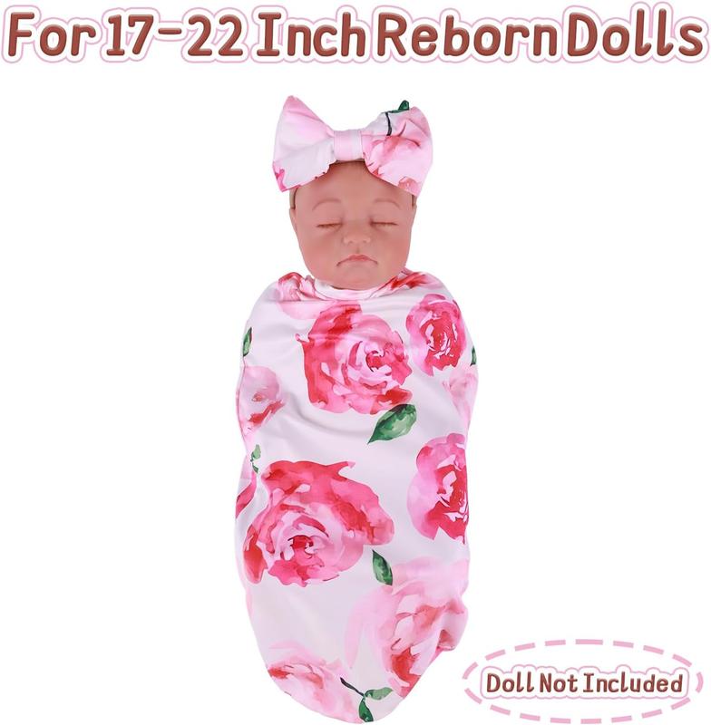 Reborn Baby Doll Blanket with Doll Headband for 17-22 Inch Babydolls, Baby Doll Accessories Baby Doll Wrap Towel Set for Realistic Baby Dolls Girl, Pink Floral Pattern