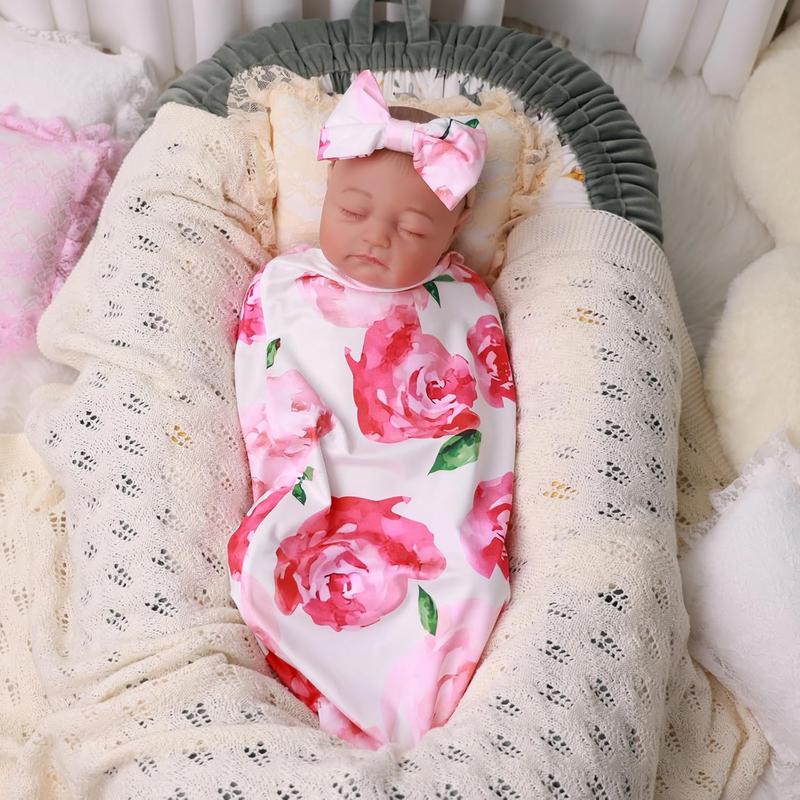 Reborn Baby Doll Blanket with Doll Headband for 17-22 Inch Babydolls, Baby Doll Accessories Baby Doll Wrap Towel Set for Realistic Baby Dolls Girl, Pink Floral Pattern