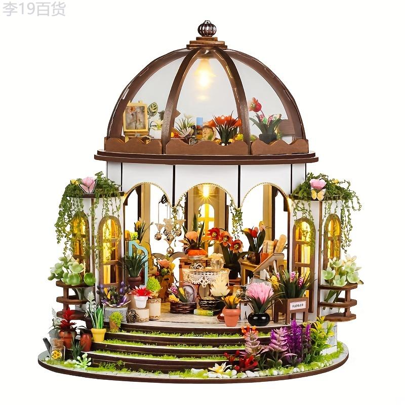 3D DIY Miniature Greenhouse Dollhouse Kit - Wooden Puzzle Book Nook Shelf Insert for Adults and Teens Age 14+ - Light Brown Tabletop Decor Model with Creative Puzzle Brain Teaser Function - Ideal Gift for Various Occasions