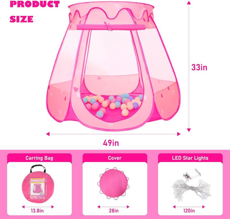 Christmas gift Pop-Up Princess Tent with 50 Balls & Star Lights - Toddler Ball Pit for Girls | Birthday Gift, Indoor & Outdoor Playhouse with Bag