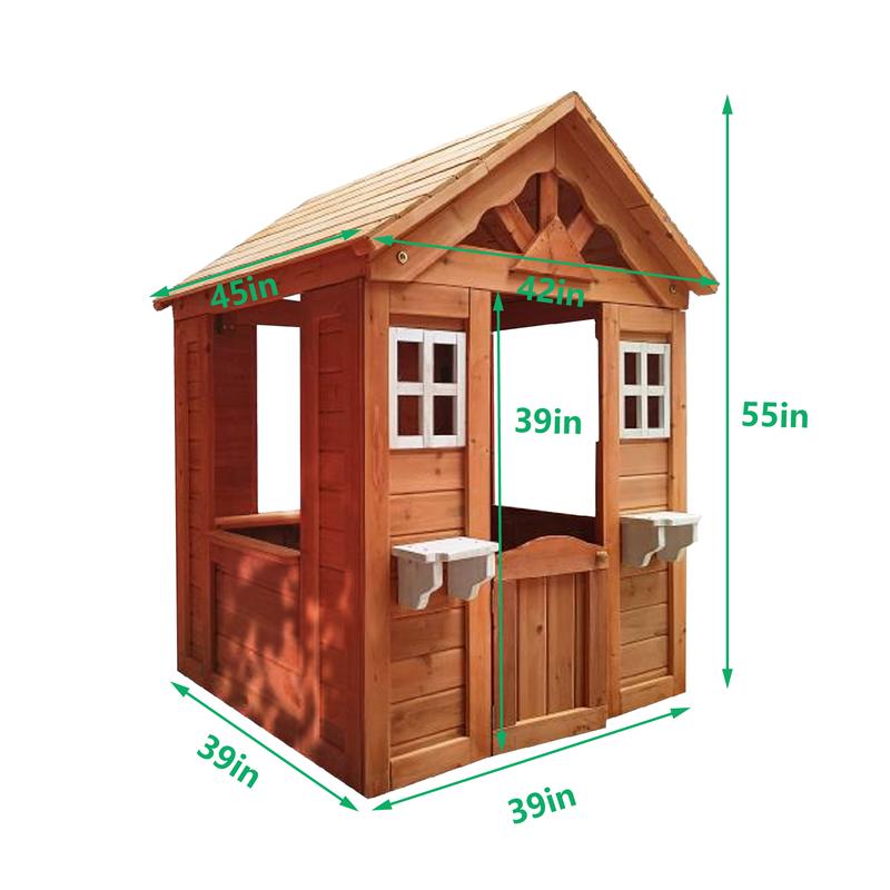 Outdoor Playhouse For Boys Girls Pretend Play Wooden Cottage Playhouse With Flowerpot Holder Window For Outdoor Garden Lawn Patio Yard (42