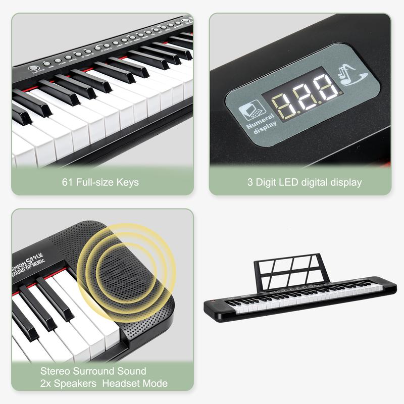 GEP-109 61 Key Lighting Keyboard with Piano Stand, Piano Bench, Built In Speakers, Headphone, Microphone, Music Rest, LED Screen, 3 Teaching Modes for Beginners