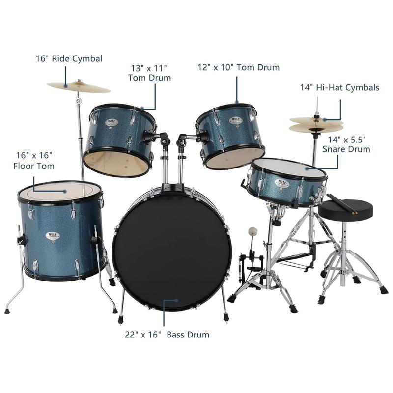 Ktaxon 5-Piece Adult Drum Set, 22 Inch Full-Size Drums Kit with Cymbal Stands, Hi-hat Stand, Sticks, Drum Pedal, Stool & Floor Tom for Beginner Teens Student, Star Blue