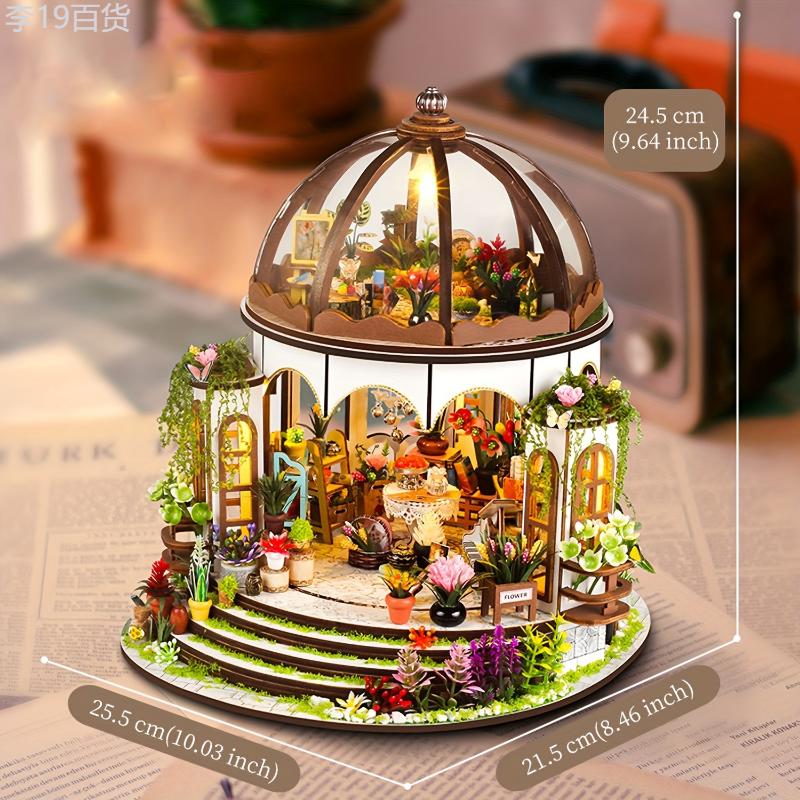 3D DIY Miniature Greenhouse Dollhouse Kit - Wooden Puzzle Book Nook Shelf Insert for Adults and Teens Age 14+ - Light Brown Tabletop Decor Model with Creative Puzzle Brain Teaser Function - Ideal Gift for Various Occasions