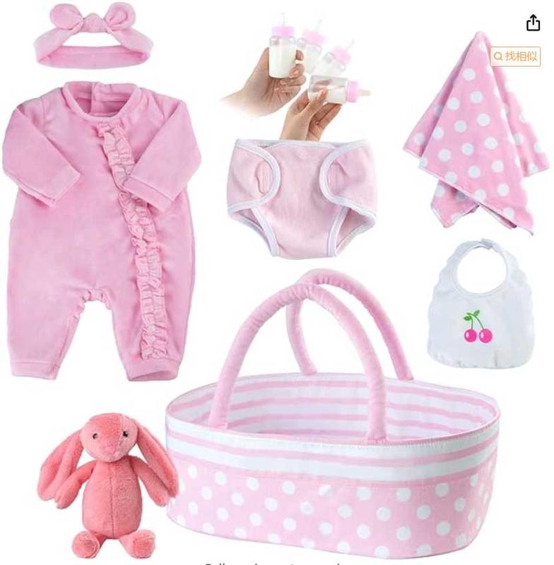 BABESIDE 8 Pcs Reborn Baby Doll Clothes Set with Bassinet for 17-22 Inch Dolls, Baby Dolls Clothes and Doll Accessories Set fit Newborn Baby Doll Girl, Pink