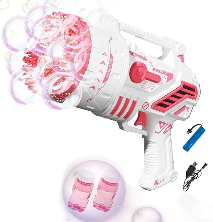 [Hot Sale in Hot Summer] Bubble Machine 69 Holes with Colorful Lights,Bubblegun Machine for Kids and Adults, Suitable for Parties, Gatherings, Camping, Weddings (Include 2 Bottles of Bubble Solution) bubbletoy