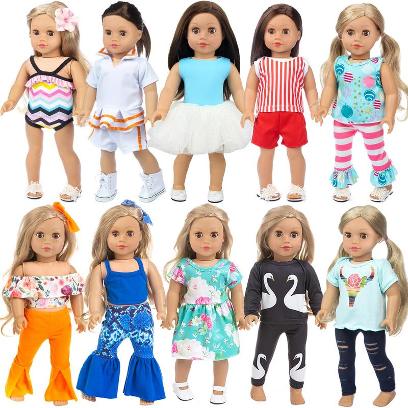 10 Doll Clothes Set Pajama Dress Hair Clips For 18 Inch Girl Doll (No Doll)