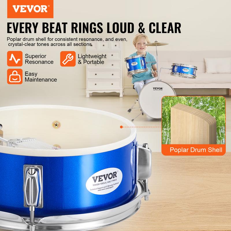 VEVOR Kids Drum Set, 3-Piece, 14 in Beginner Drum Set with Adjustable Throne Cymbal Pedal Two Pairs of Drumsticks, 8'' Tom Drum 10'' Snare Drum 14'' Bass Drum, Starter Drum Kit for Child Kids, Blue