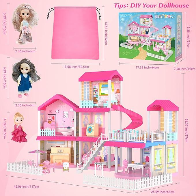 NEOBIOO  Doll Girls House, Girls DIY Building House Toy, Including Pool, Slide, Furniture and Accessories, Suitable for Children Over 3 Years Old Christmas Gifts