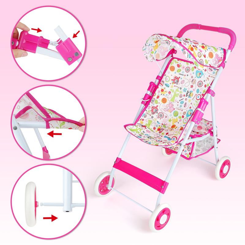 deAO Doll Stroller Set Doll Accessories with Feeding Bottle Simulated Juice Milk and Rattle Toy Foldable Doll Stroller,for 12in 14in 16in Doll