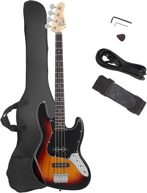 Glarry 4 String GJazz Electric Bass Guitar Full Size Right Handed with Guitar Bag, Amp Cord and Beginner Kits, GJ-Style, Sunset Gold