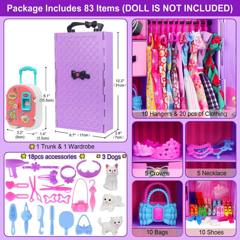 83 Pcs Dolls & Accessories with Doll Closet Wardrobe for 11.5 Inch Doll Dress Up Set Including Wardrobe Shoes Wallet Dress Hangers Brush Necklace Pet and Other Accessories (No Doll)