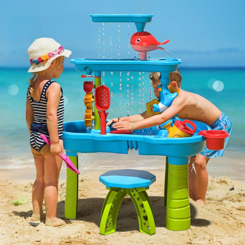 Beach Table Toys,3 Tier Outdoor Water Sand Table,Interactive Game Water Table,Beach Backyard Activity Table,Seaside Beach Summer Outdoor Toys,Multi Accessories Set