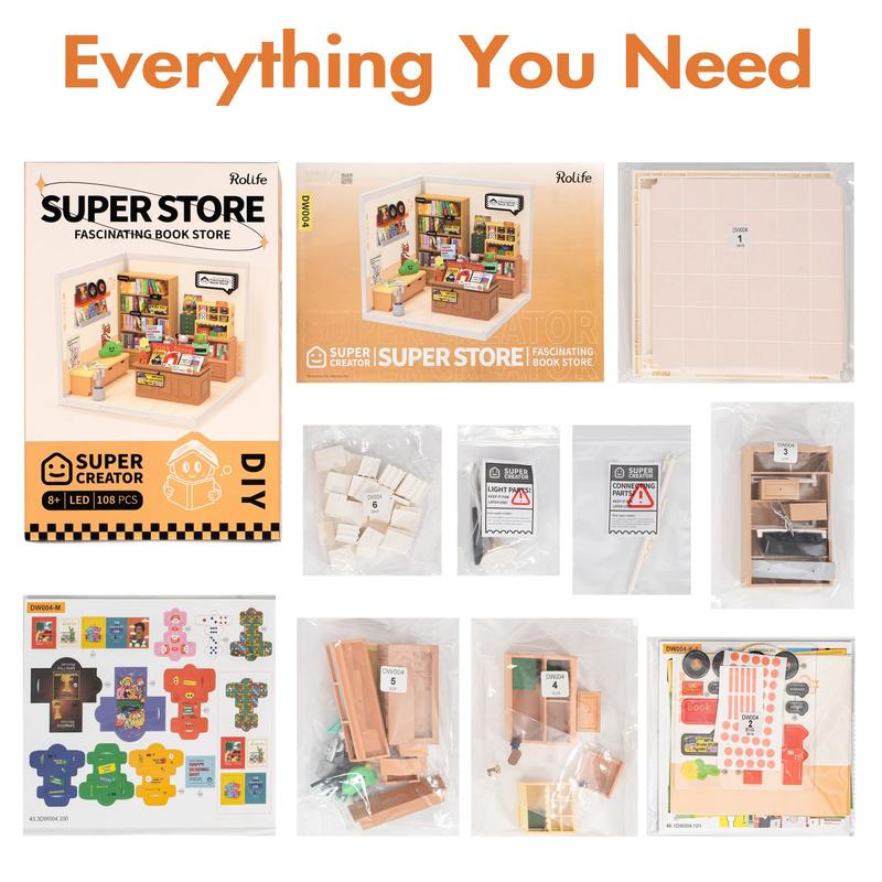 Rolife Super Creator Book Store Kit，1:24 scale plastic DIY miniature house with LED, suitable for ages 8-15 and adults, perfect for creative hobbies.