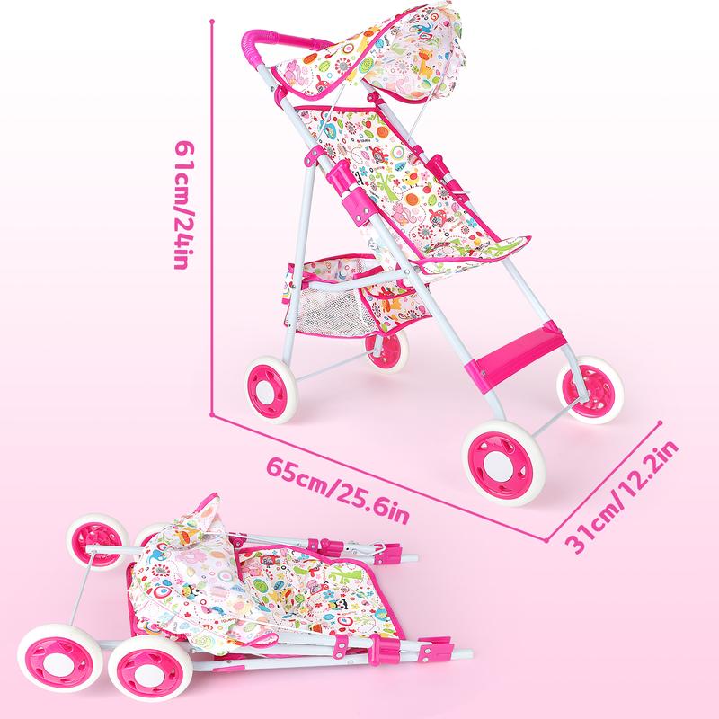 deAO Doll Stroller Set Doll Accessories with Feeding Bottle Simulated Juice Milk and Rattle Toy Foldable Doll Stroller,for 12in 14in 16in Doll