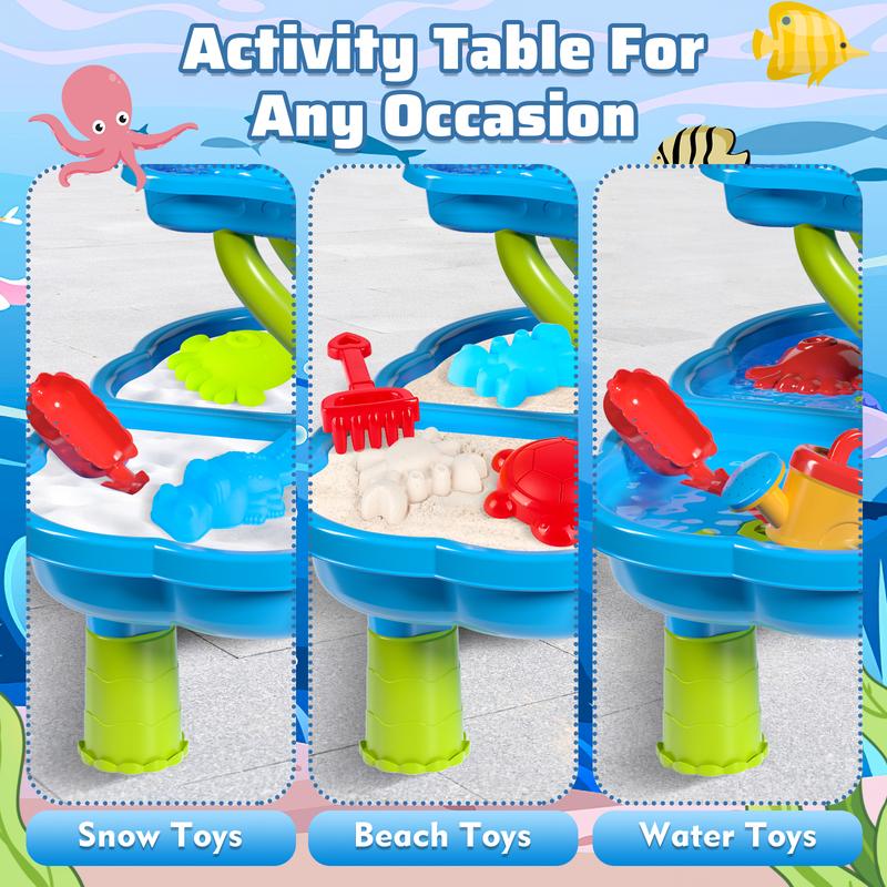 deAO 4-Tier Sand and Water Table Beach Summer Toys Sandbox Table Outdoor Activity Sensory Play Table with Dolphin Water Wheel, Molds,Sand Water Toys for Outdoor Backyard