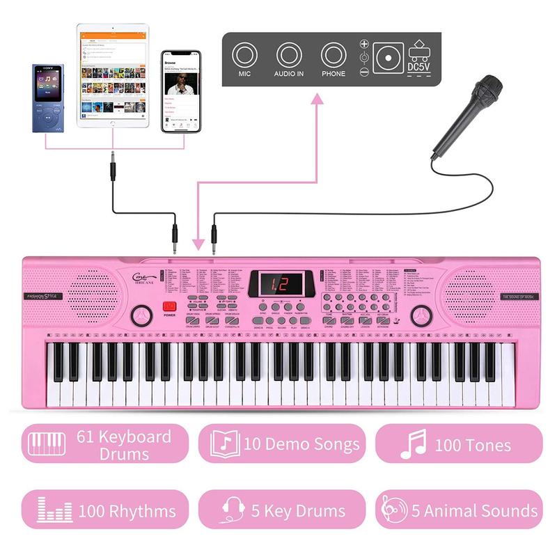 Kids Piano Keyboard, 61 Keys Beginner Electronic Keyboard Portable Digital Music Keyboard, Early Education Music Instrument with Stand & Microphone & Music Sheet Stand