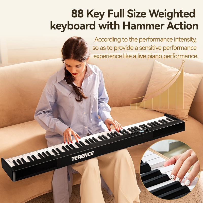 TERENCE Piano Keyboard, 88 Key Full Size Weighted Folding Piano Keyboard, Digital Keyboard Piano with 2X5W Speakers, Music Stand, Keyboard Stickers, Earphones and Sustain Pedal