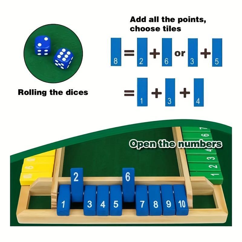 Wooden Shut the Box Dice Toy, 1 Set Classic 4 Sided Wooden Board Game, Tabletop Version Math Games for Party