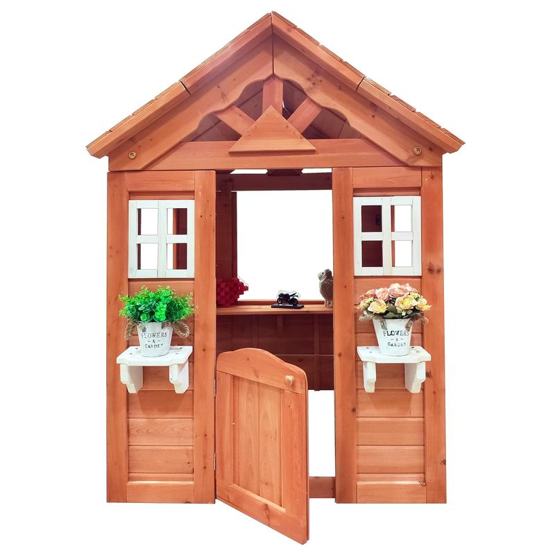 Outdoor Playhouse For Boys Girls Pretend Play Wooden Cottage Playhouse With Flowerpot Holder Window For Outdoor Garden Lawn Patio Yard (42