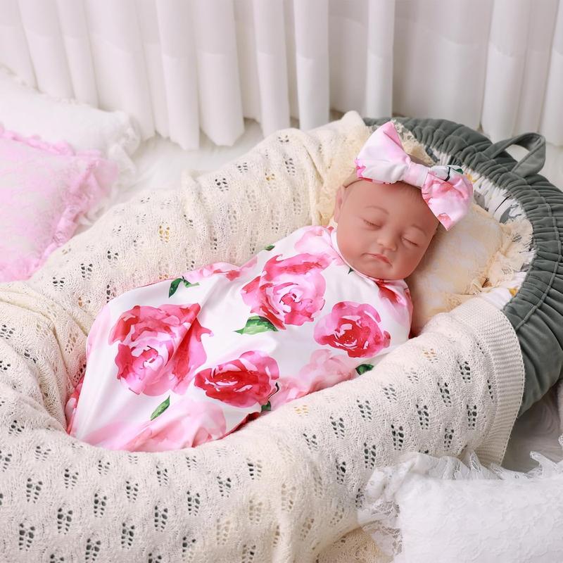 Reborn Baby Doll Blanket with Doll Headband for 17-22 Inch Babydolls, Baby Doll Accessories Baby Doll Wrap Towel Set for Realistic Baby Dolls Girl, Pink Floral Pattern