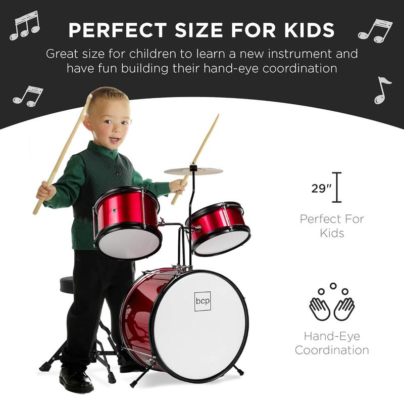 Kids Drum Set 3-Piece Beginner Drum Set Junior Drum Set, w  Throne Stool, Cymbal, Drum Sticks, Bass Drum Pedal, 2 Toms - Red, Blue, Black - GuitarSVietUS