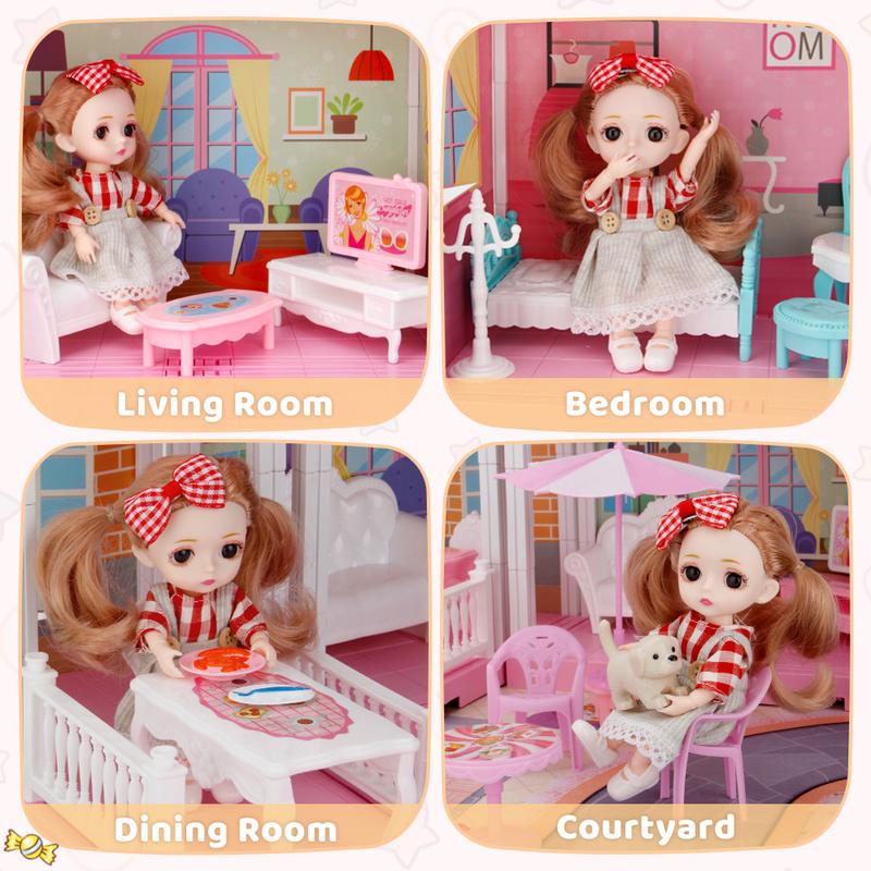 Dollhouse for Girls, Doll House with Lights, Play Mat and Dolls, DIY Building Pretend Play House with Accessories Furniture and Household Items,Playhouse for Girls 3-12 (3 Rooms)