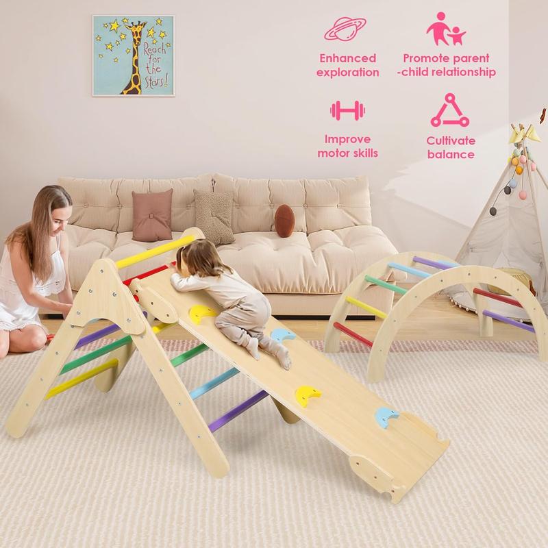 Pikler Triangle Set, 5 in 1 Kids Wooden Montessori Climbing Toys, Arch Climber, Rocker, Climbing & Sliding Ramp, Climbing Triangle, Indoor Outdoor Playground Gym Set for Toddlers