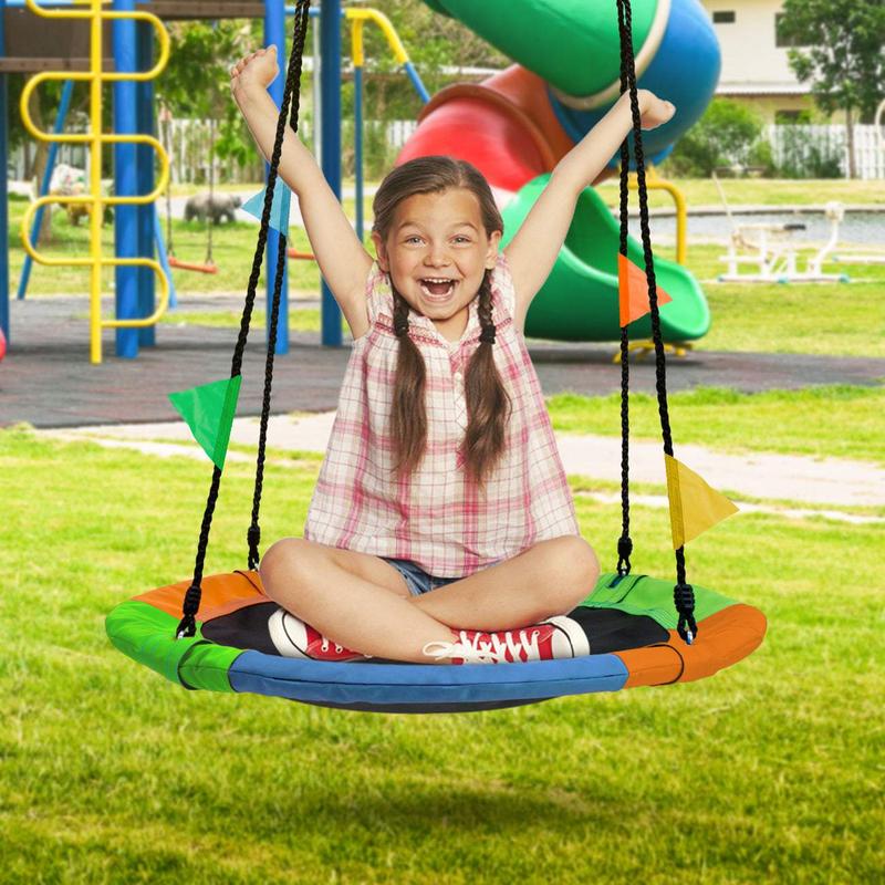 Multi-color Saucer Mat Swing for Kids with Flags - Durable Ropes for Outdoor Play