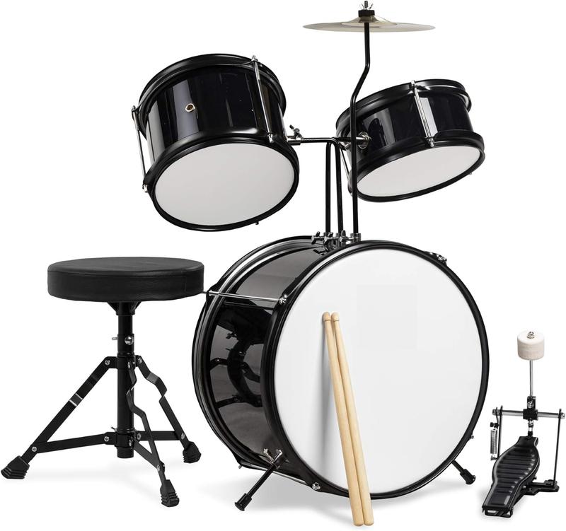 Kids Drum Set 3-Piece Beginner Drum Set Junior Drum Set, w  Throne Stool, Cymbal, Drum Sticks, Bass Drum Pedal, 2 Toms - Red, Blue, Black - GuitarSVietUS