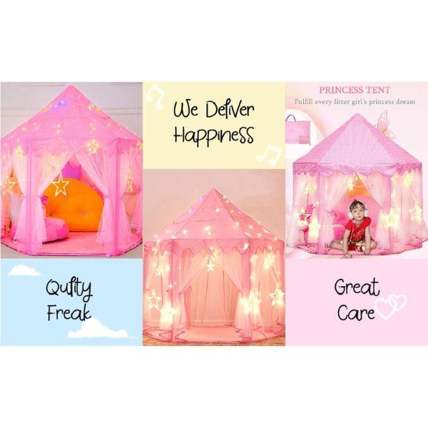 Pink Princess Castle Tent with Fairy Star Lights for Girls, Hexagon Playhouse for Kids Indoor Outdoor Games