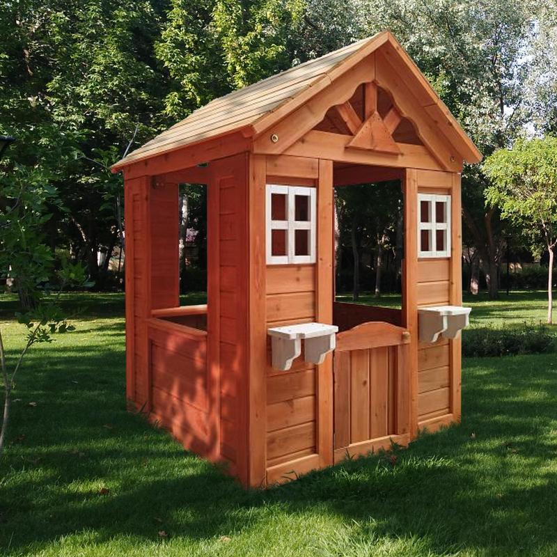 Outdoor Playhouse For Boys Girls Pretend Play Wooden Cottage Playhouse With Flowerpot Holder Window For Outdoor Garden Lawn Patio Yard (42