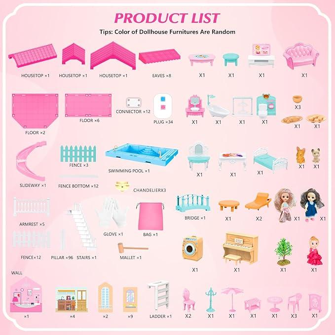 NEOBIOO  Doll Girls House, Girls DIY Building House Toy, Including Pool, Slide, Furniture and Accessories, Suitable for Children Over 3 Years Old Christmas Gifts