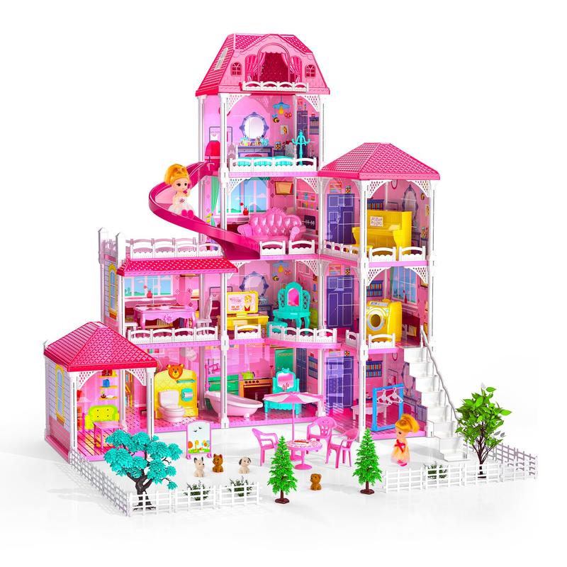 Luxury DollHouse Pink  Toys - 4 Stories 10 Rooms Dollhouse with 2 Dolls,Slide, Pretend Cottage Toy with Accessories