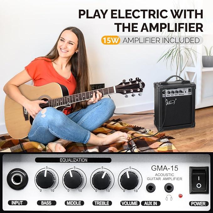 Full Size 6 Strings Acoustic Electric Guitar Beginner Kit w  15W Amp, Cutaway 41 Inch Electric Acoustic Guitar w Inbuilt Tuner, Bag, Strap, Picks, Strings - GuitarSViet Mall