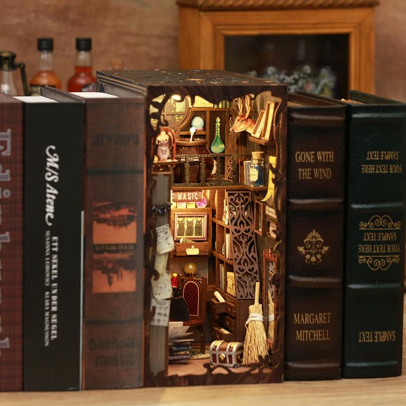 CUTBEE Book Nook Dollhouse DIY Kit with Dust Proof, Crucible, Potion Bottle, Secret Room, Black Cat, Magic Book, Broom, LED Light, Wood DIY Package, Perfect Gift for DIY Enthusiasts and Magic Lovers